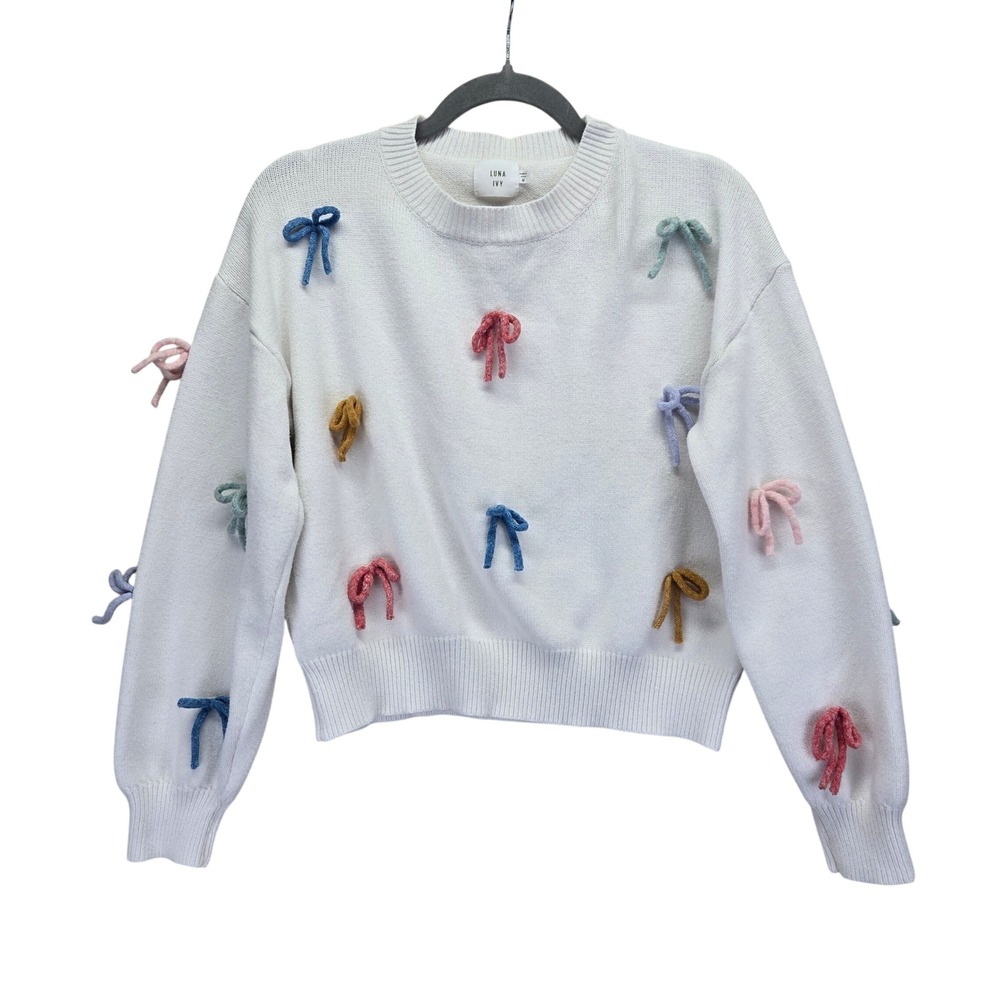 LUNA IVY White Crew Neck Cropped Sweater Medium Bow Whimsical Feminine Yarn Tied